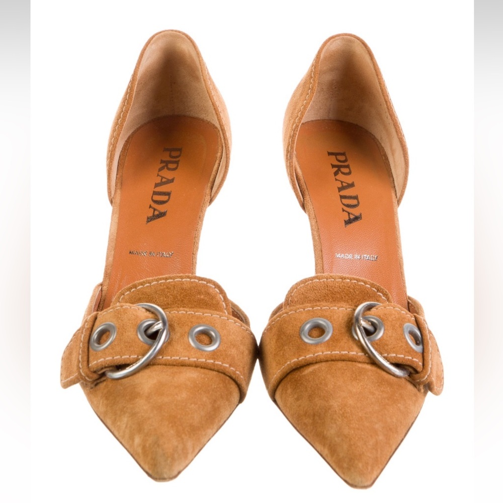 Prada Suede Closed Toe Buckle Kitten Heel Mules